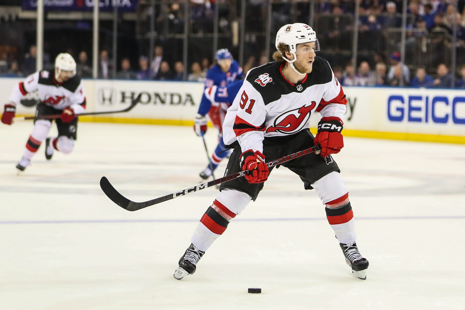 Apr 22, 2023; New York, New York, USA; New Jersey Devils center Dawson Mercer (91) in game three of the first round of the 2023 Stanley Cup Playoffs at Madison Square Garden