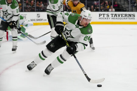 May 27, 2023; Las Vegas, Nevada, USA; Dallas Stars center Roope Hintz (24) skates with the puck against the Vegas Golden Knights during the second period in game five of the Western Conference Finals of the 2023 Stanley Cup Playoffs at T-Mobile Arena.