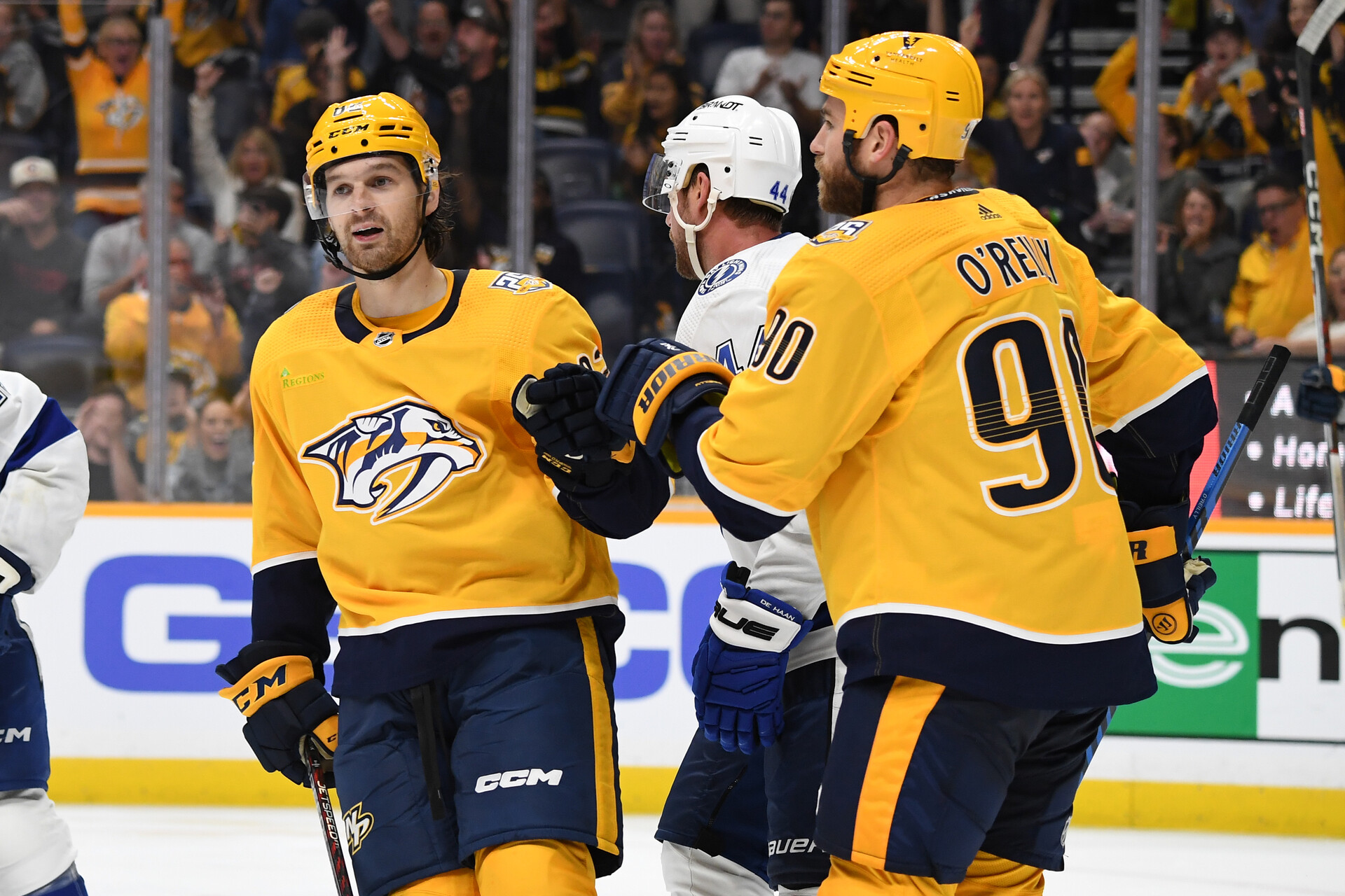 Nashville Predators center Thomas Novak (82) is congratulated by center Ryan O'Reilly (90) after scoring during the third period against the Tampa Bay Lightning at Bridgestone Arena.