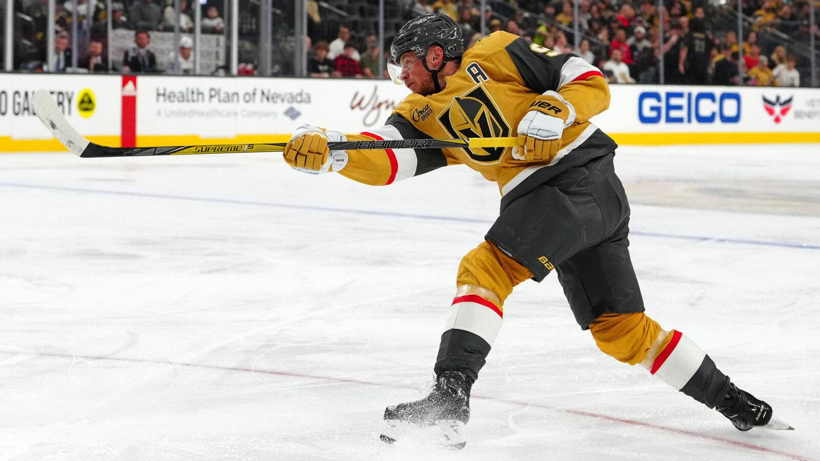 Sep 27, 2023; Las Vegas, Nevada, USA; Vegas Golden Knights center Jack Eichel (9) shoots against the Los Angeles Kings during the second period at T-Mobile Arena