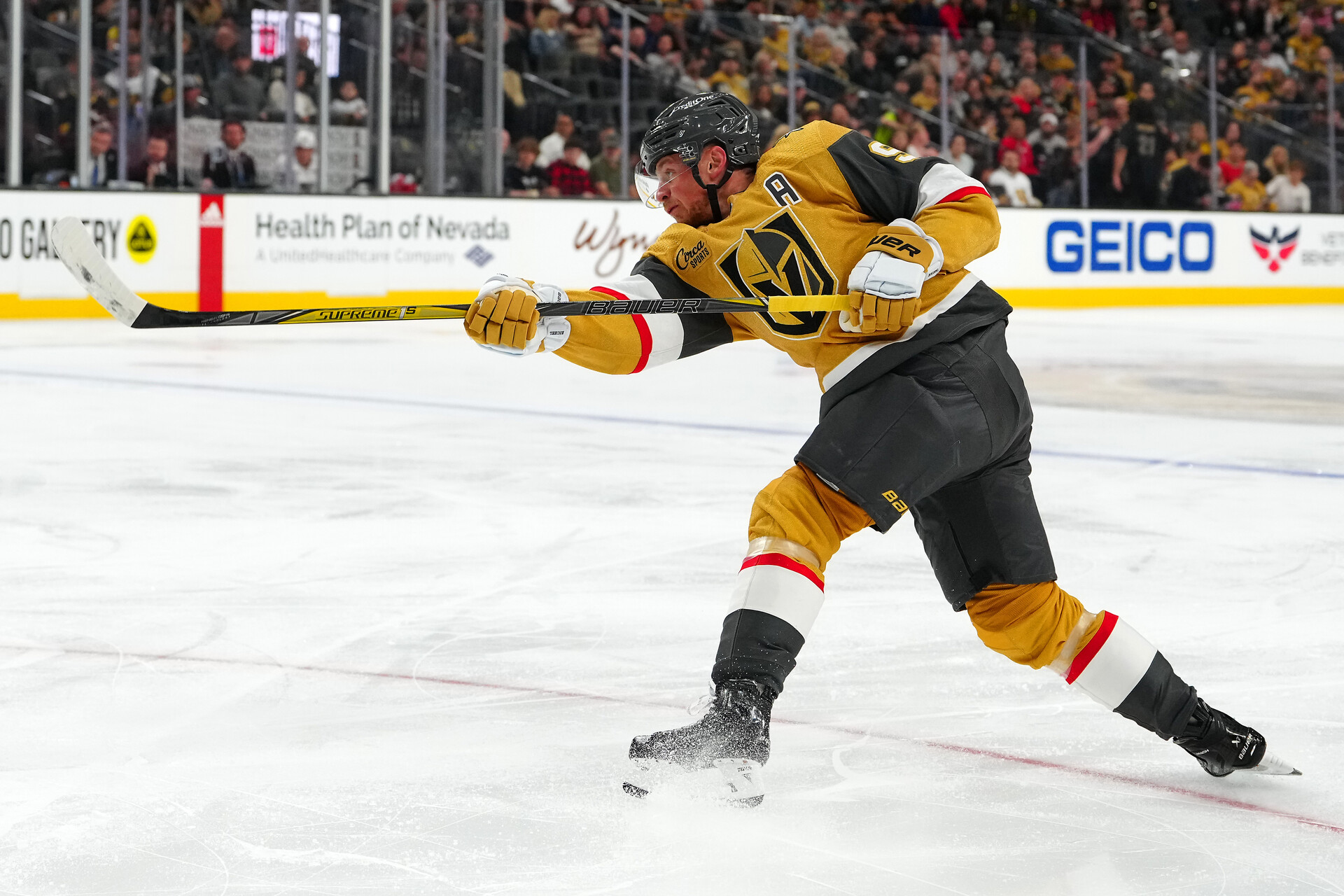 Sep 27, 2023; Las Vegas, Nevada, USA; Vegas Golden Knights center Jack Eichel (9) shoots against the Los Angeles Kings during the second period at T-Mobile Arena