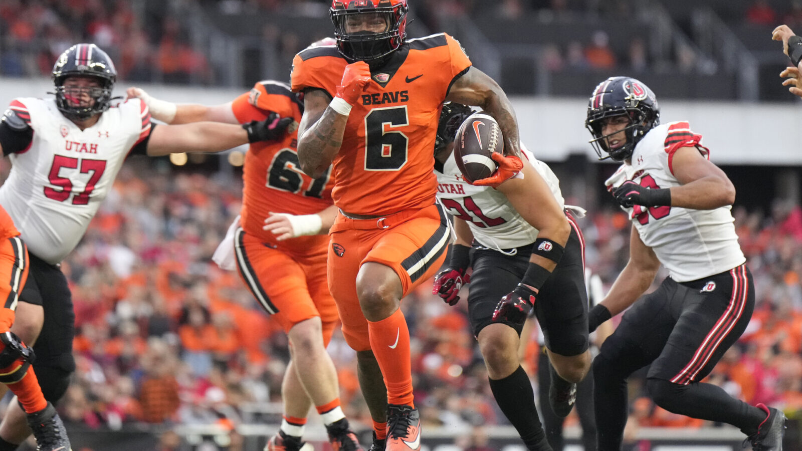 Sep 29, 2023; Corvallis, Oregon, USA; Oregon State Beavers running back Damien Martinez (6) runs the ball during the first half against the Utah Utes at Reser Stadium.