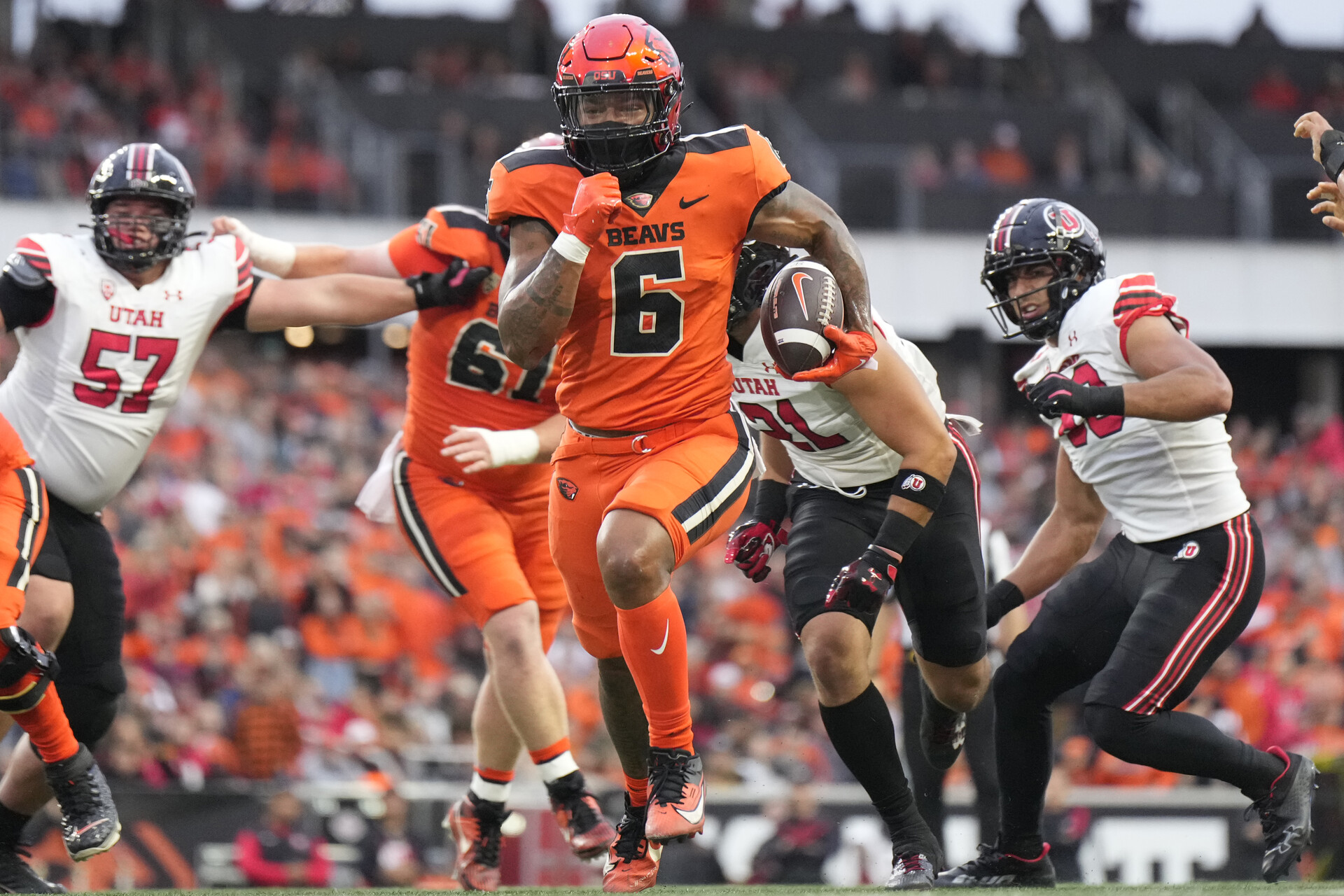 Sep 29, 2023; Corvallis, Oregon, USA; Oregon State Beavers running back Damien Martinez (6) runs the ball during the first half against the Utah Utes at Reser Stadium.
