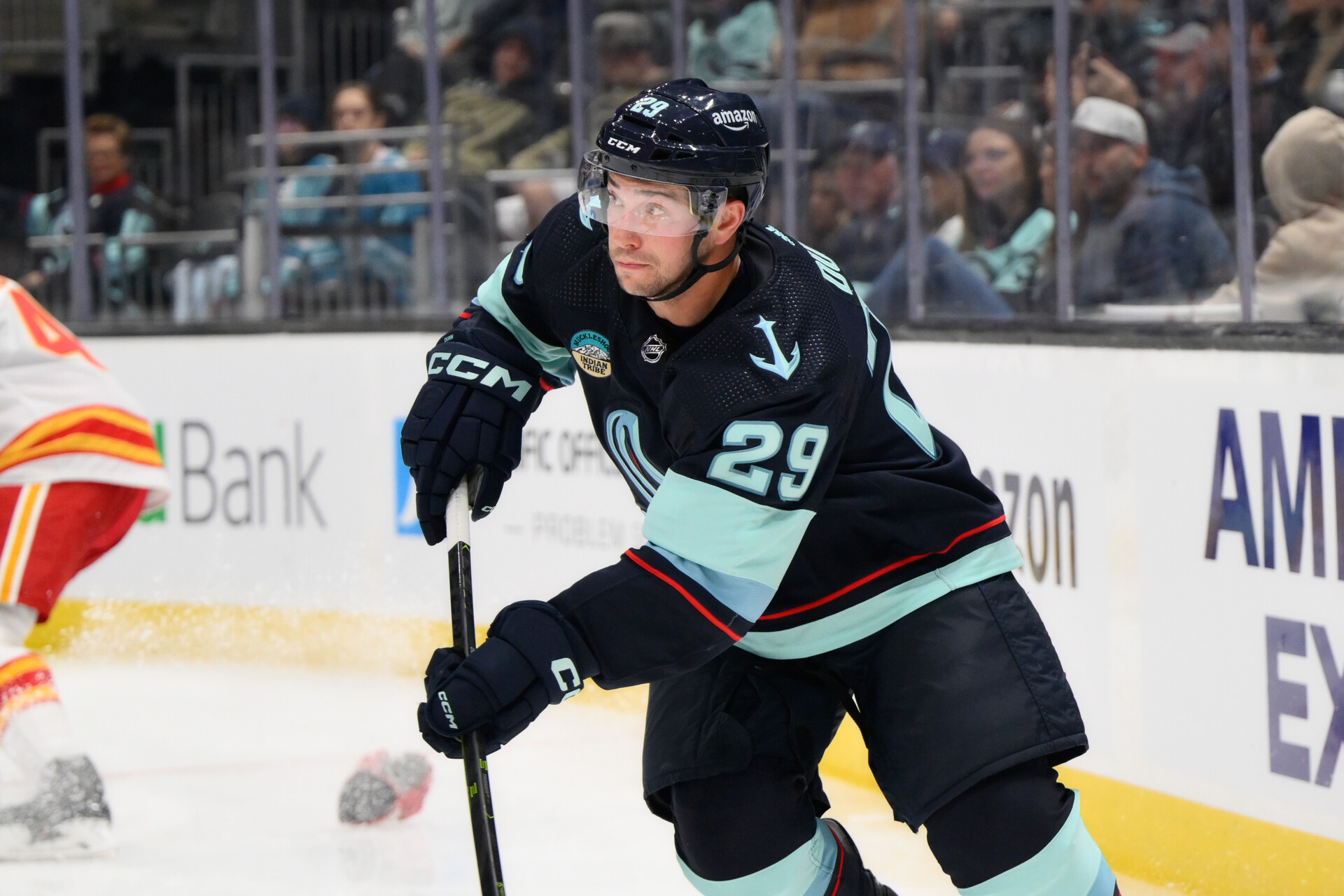 Sep 25, 2023; Seattle, Washington, USA; Seattle Kraken defenseman Vince Dunn (29) during the game at Climate Pledge Arena.