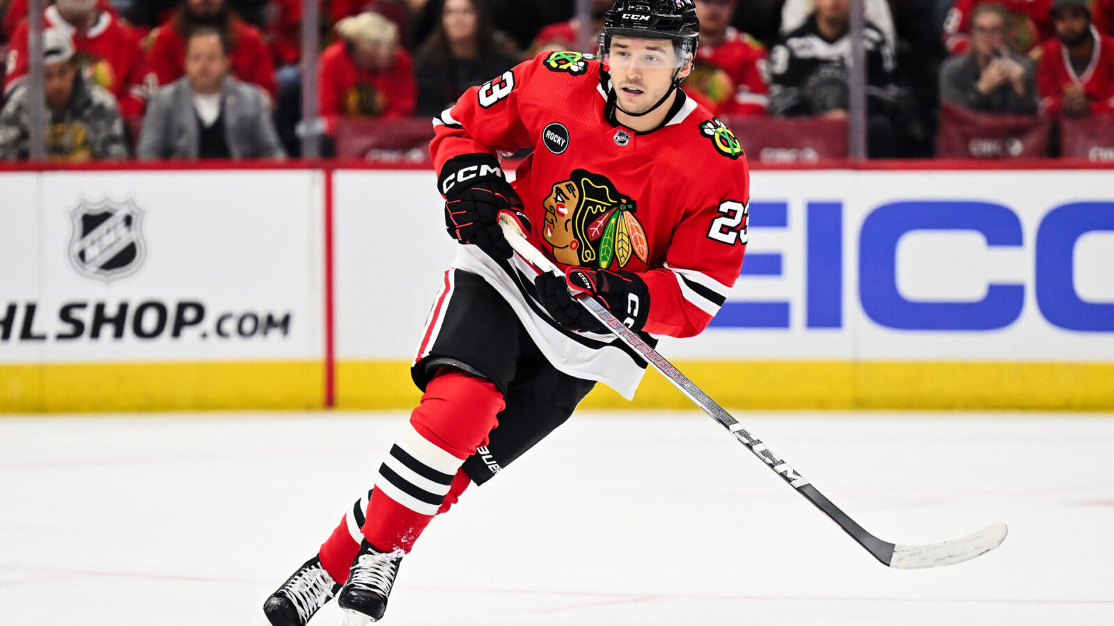 Sep 28, 2023; Chicago, Illinois, USA; Chicago Blackhawks forward Philipp Kurashev (23) skates against the St. Louis Blues at United Center.