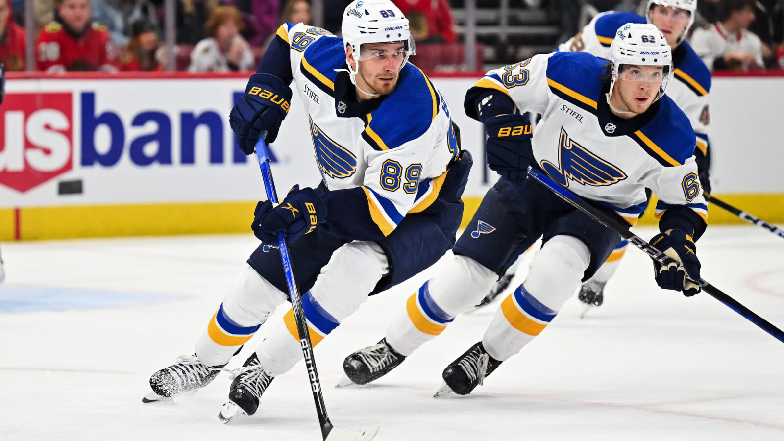 Sep 28, 2023; Chicago, Illinois, USA; St. Louis Blues foward Pavel Buchnevich (89) skates against the Chicago Blackhawks at United Center.