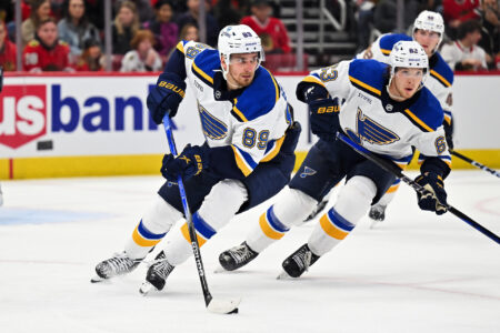 Sep 28, 2023; Chicago, Illinois, USA; St. Louis Blues foward Pavel Buchnevich (89) skates against the Chicago Blackhawks at United Center.