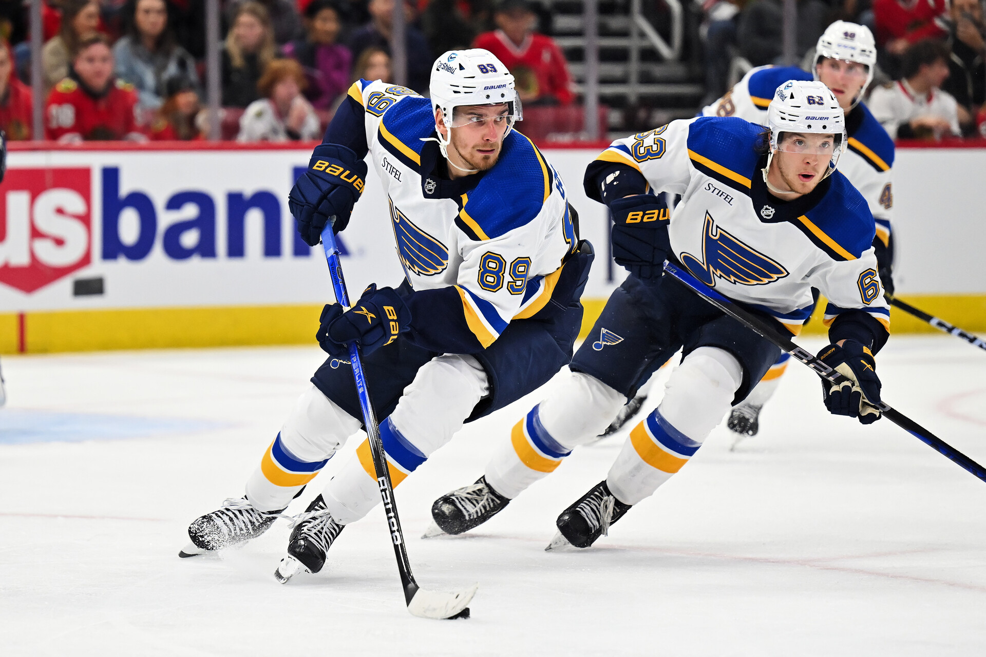 Sep 28, 2023; Chicago, Illinois, USA; St. Louis Blues foward Pavel Buchnevich (89) skates against the Chicago Blackhawks at United Center.