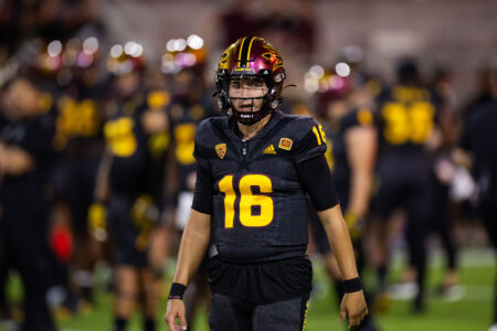 Sep 9, 2023; Tempe, Arizona, USA; Arizona State Sun Devils quarterback Trenton Bourguet (16) against the Oklahoma State Cowboys at Mountain America Stadium.