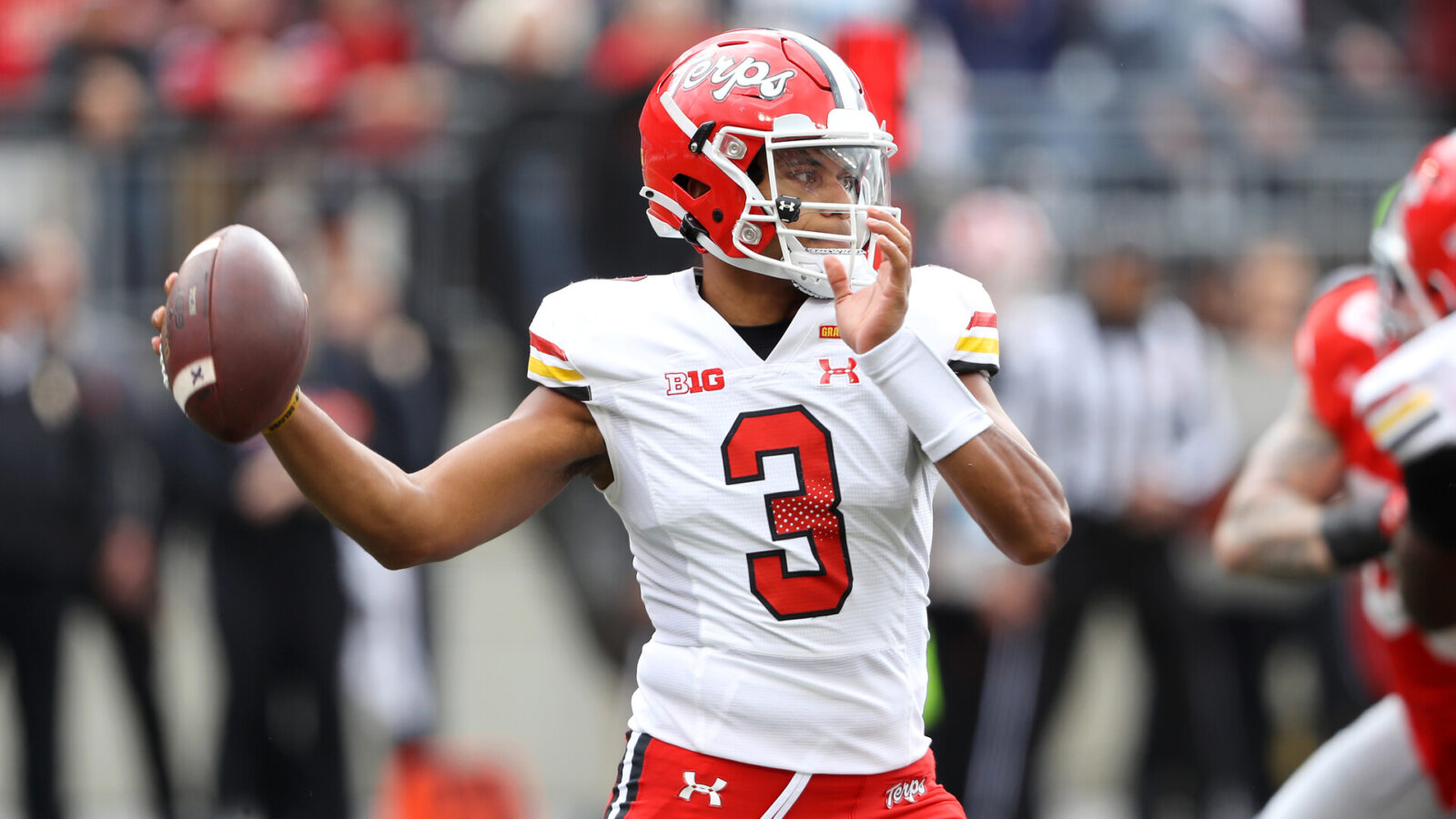 Oct 7, 2023; Columbus, Ohio, USA; Maryland Terrapins quarterback Taulia Tagovailoa (3) drops to throw during the first quarter against the Ohio State Buckeyes at Ohio Stadium.