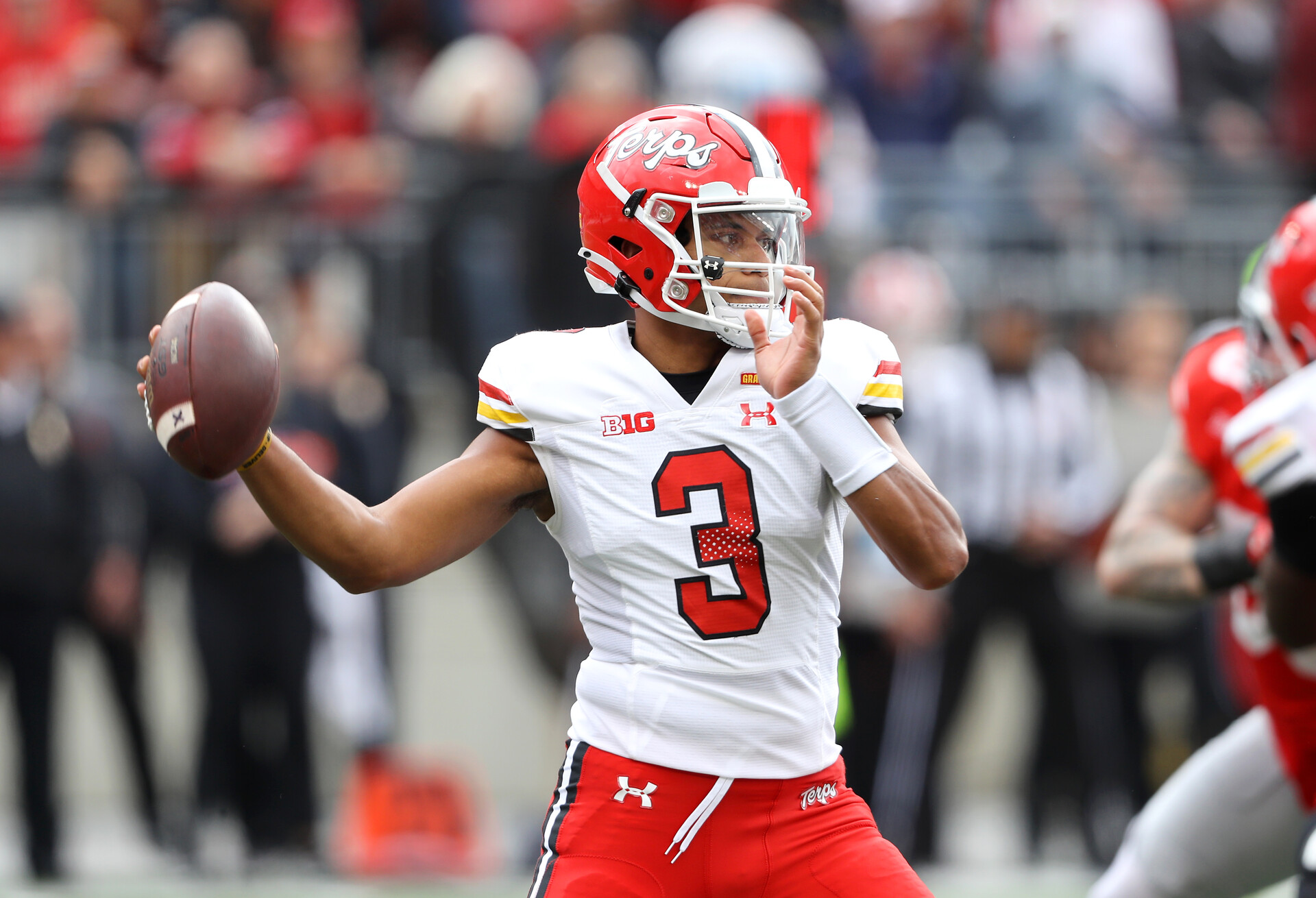 Oct 7, 2023; Columbus, Ohio, USA; Maryland Terrapins quarterback Taulia Tagovailoa (3) drops to throw during the first quarter against the Ohio State Buckeyes at Ohio Stadium.