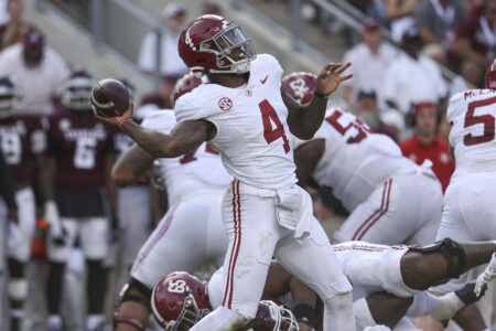 Oct 7, 2023; College Station, Texas, USA; Alabama Crimson Tide quarterback Jalen Milroe (4) throws a pass for a completion during the third quarter against the Texas A&M Aggies at Kyle Field.