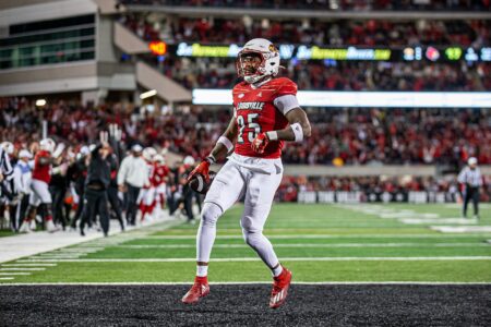 Louisville running back Jawhar Jordan (25) celebrated after scoring on a 21 yard run in the fourth quarter as the Louisville Cardinals defeated the Notre Dame Fighting Irish, 33-20 on Saturday, Oct. 7, 2023.