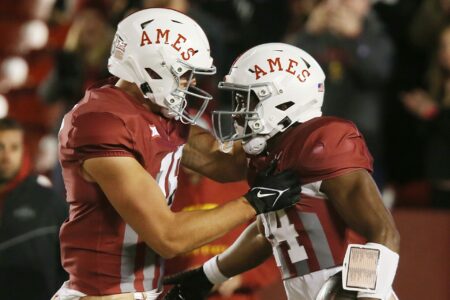 Iowa State Cyclones' running back Abu Sama (24) celebratews with teammates after a touchdown during the third quarter in the Jack Trice Legacy Game at Jack Trice Stadium on Saturday, Oct. 7, 2023, in Ames, Iowa.