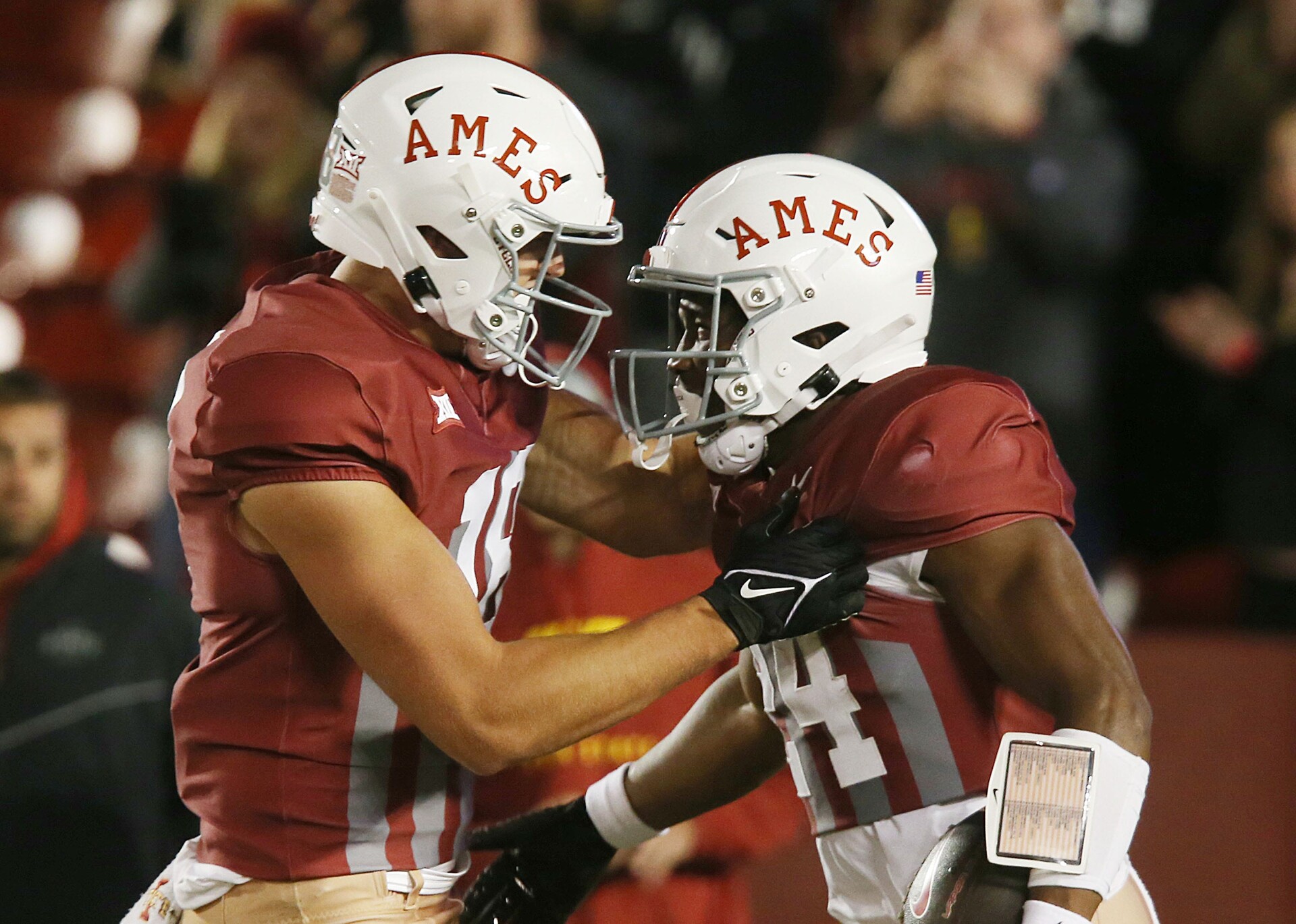 Iowa State Cyclones' running back Abu Sama (24) celebratews with teammates after a touchdown during the third quarter in the Jack Trice Legacy Game at Jack Trice Stadium on Saturday, Oct. 7, 2023, in Ames, Iowa.