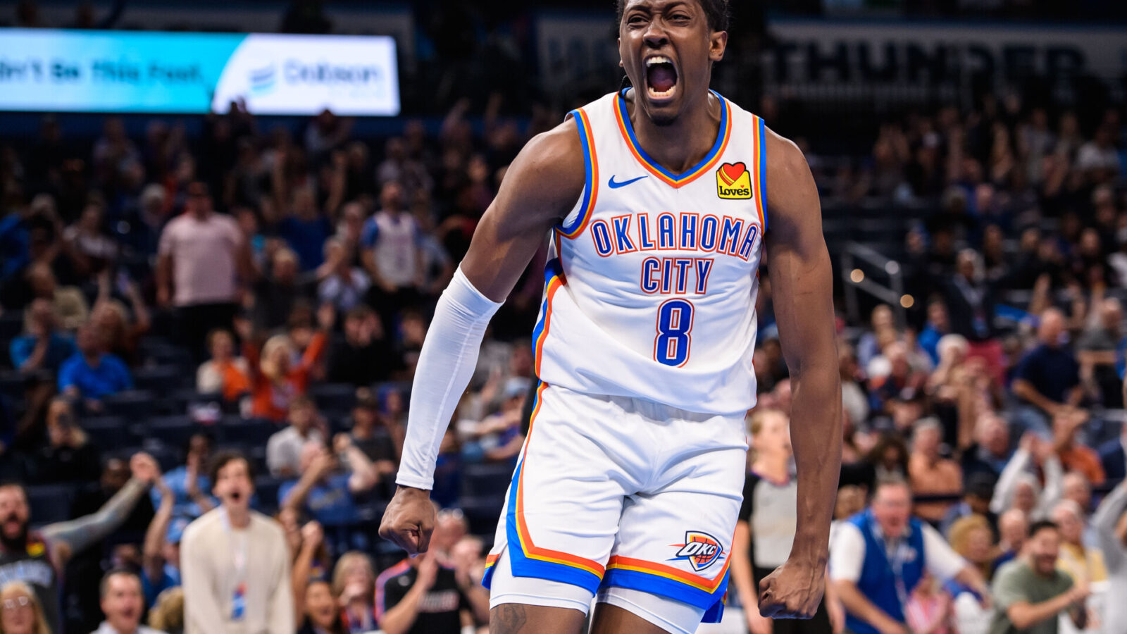 Oct 9, 2023; Oklahoma City, Oklahoma, USA; Oklahoma City Thunder forward Jalen Williams (8) reacts after scoring a basket against the San Antonio Spurs during the first half at Paycom Center.