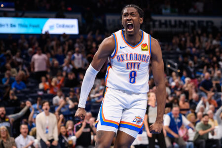 Oct 9, 2023; Oklahoma City, Oklahoma, USA; Oklahoma City Thunder forward Jalen Williams (8) reacts after scoring a basket against the San Antonio Spurs during the first half at Paycom Center.