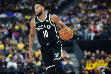 Oct 9, 2023; Las Vegas, Nevada, USA; Brooklyn Nets guard Ben Simmons (10) moves the ball up court against the Los Angeles Lakers during the first half at T-Mobile Arena.