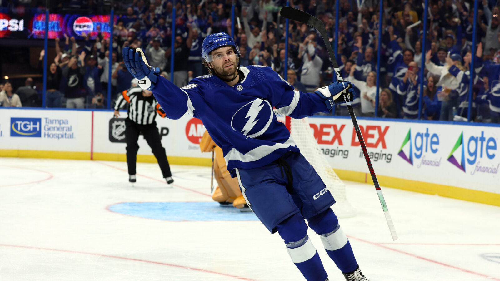 Oct 10, 2023; Tampa, Florida, USA; Tampa Bay Lightning left wing Brandon Hagel (38) scores a goal on a penalty shot during the third period against the Nashville Predators at Amalie Arena.