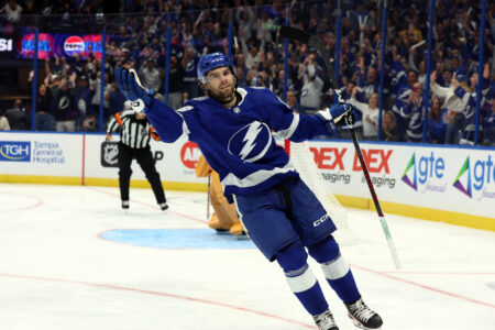 Oct 10, 2023; Tampa, Florida, USA; Tampa Bay Lightning left wing Brandon Hagel (38) scores a goal on a penalty shot during the third period against the Nashville Predators at Amalie Arena.