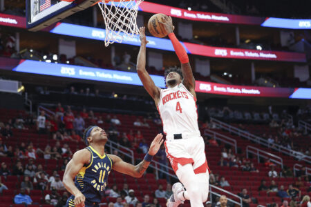 Oct 10, 2023; Houston, Texas, USA; Houston Rockets guard Jalen Green (4) shoots the ball as Indiana Pacers forward Bruce Brown (11) defends during the first quarter at Toyota Center