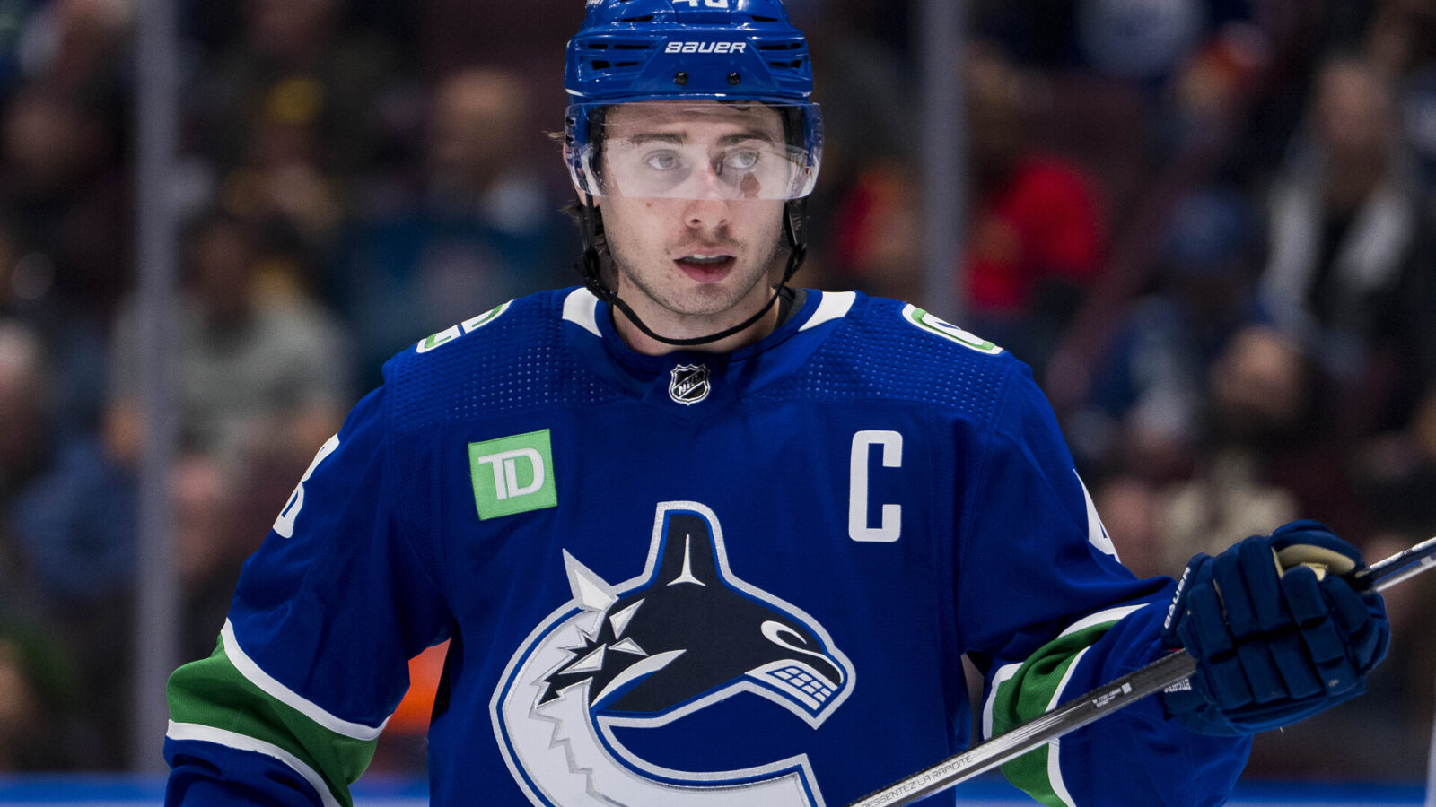 Vancouver Canucks defenseman Quinn Hughes (43) during a stop in play against the Edmonton Oilers in the second period at Rogers Arena.