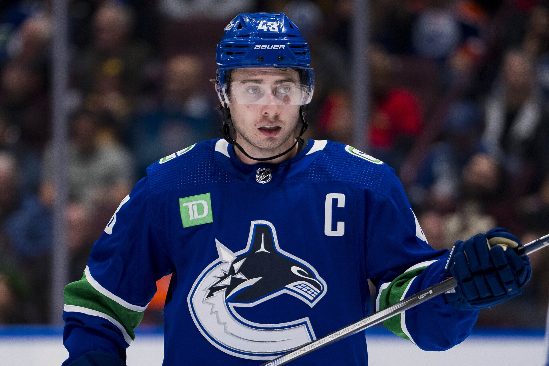 Vancouver Canucks defenseman Quinn Hughes (43) during a stop in play against the Edmonton Oilers in the second period at Rogers Arena.