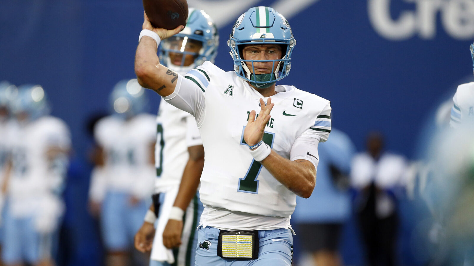 Oct 13, 2023; Memphis, Tennessee, USA; Tulane Green Wave quarterback Michael Pratt (7) passes the ball during warm ups prior to the game against the Memphis Tigers at Simmons Bank Liberty Stadium.