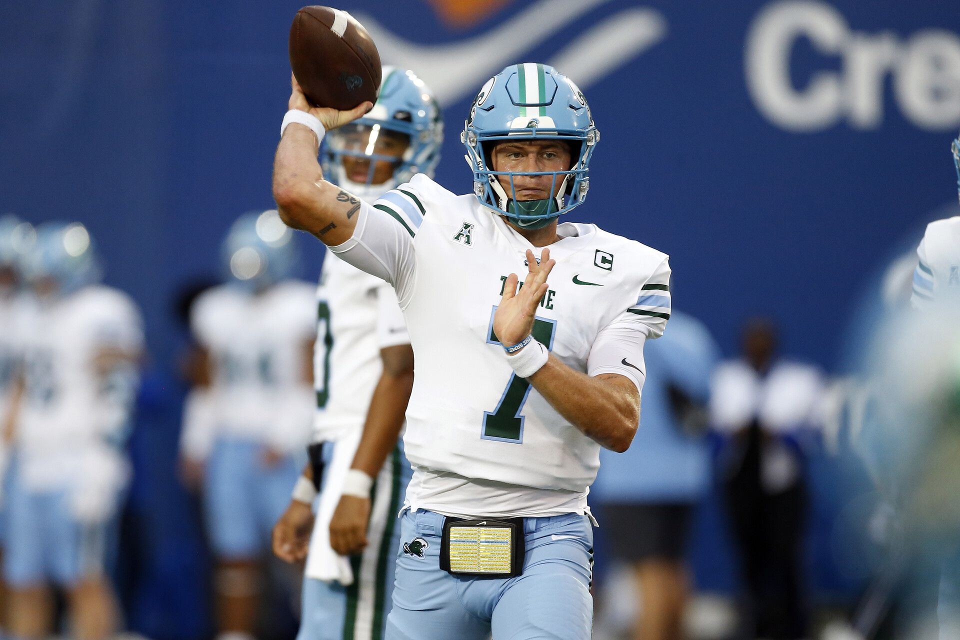 Oct 13, 2023; Memphis, Tennessee, USA; Tulane Green Wave quarterback Michael Pratt (7) passes the ball during warm ups prior to the game against the Memphis Tigers at Simmons Bank Liberty Stadium.