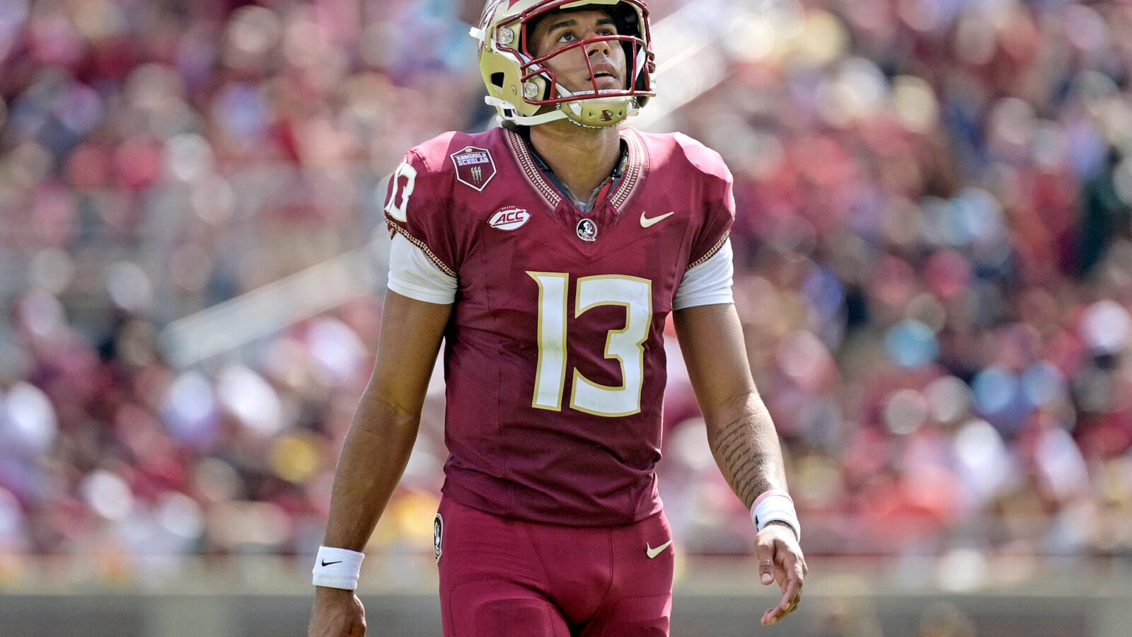 Oct 14, 2023; Tallahassee, Florida, USA; Florida State Seminoles quarterback Jordan Travis (13) against the Syracuse Orange during the first half at Doak S. Campbell Stadium.