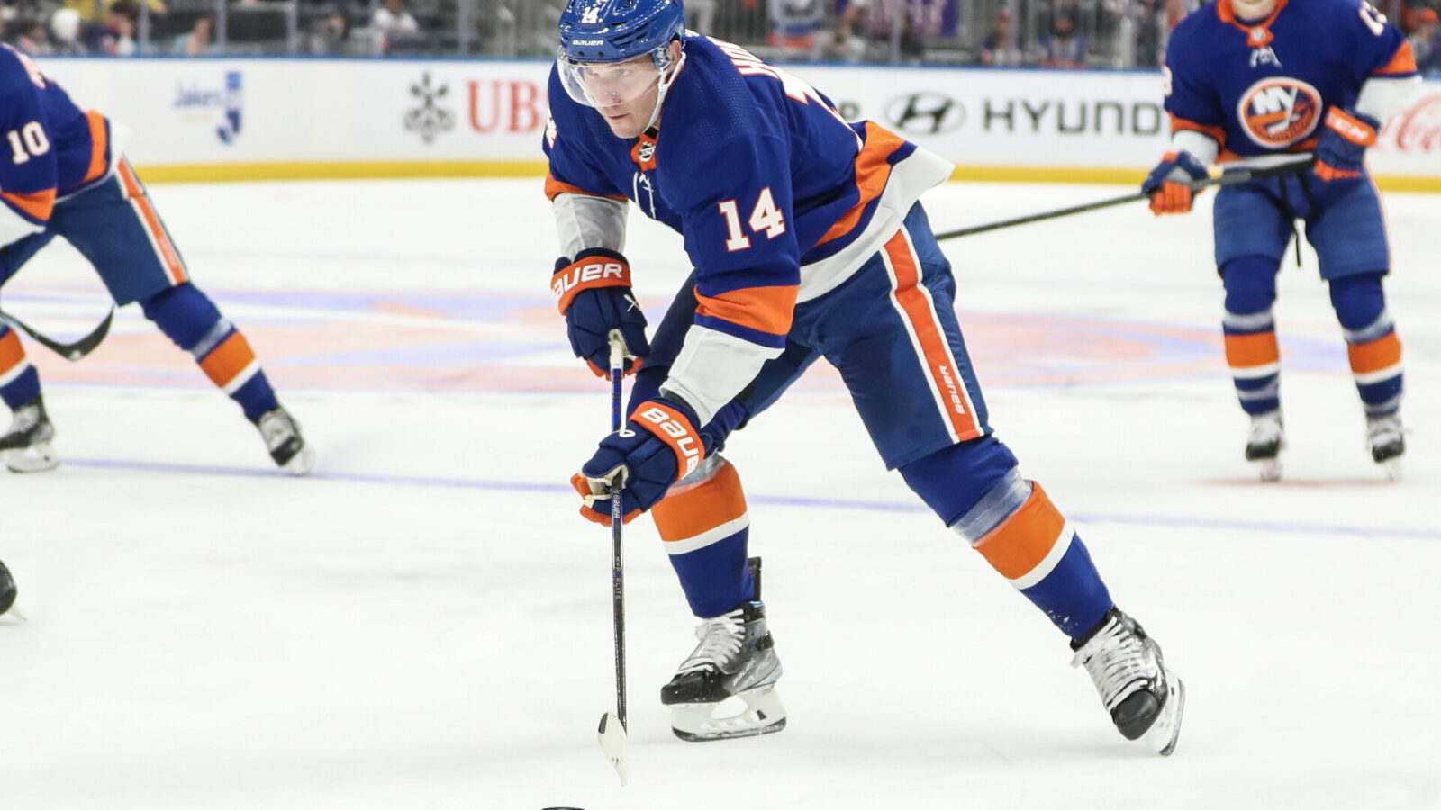 Oct 14, 2023; Elmont, New York, USA; New York Islanders center Bo Horvat (14) controls the puck in the second period against the Buffalo Sabres at UBS Arena.