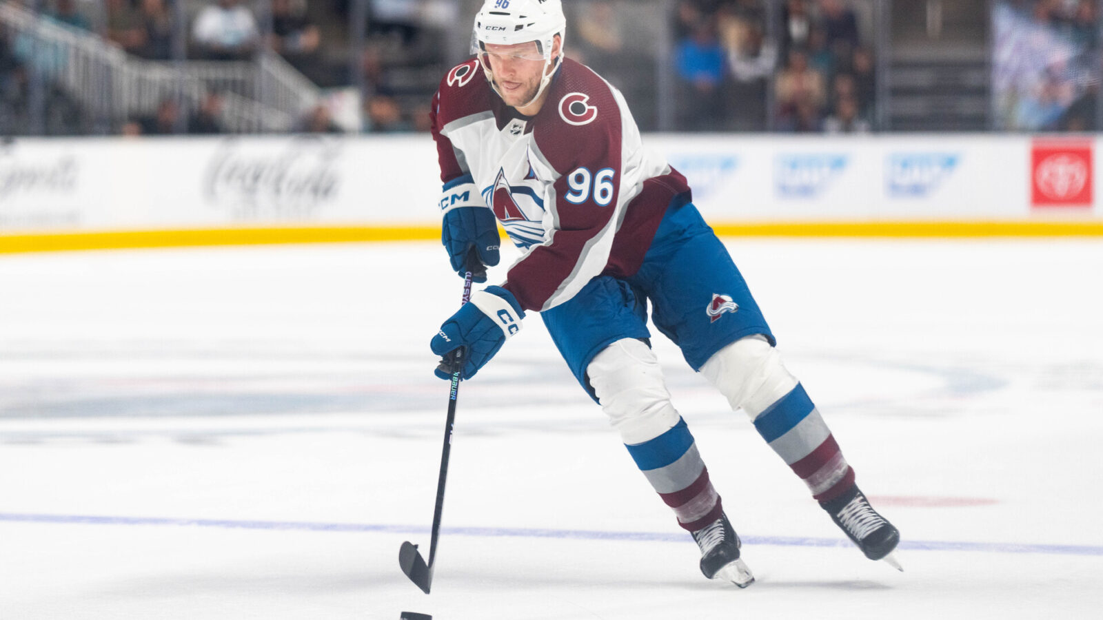 Oct 14, 2023; San Jose, California, USA; Colorado Avalanche right wing Mikko Rantanen (96) controls the puck during the shootout against the San Jose Sharks at SAP Center at San Jose.
