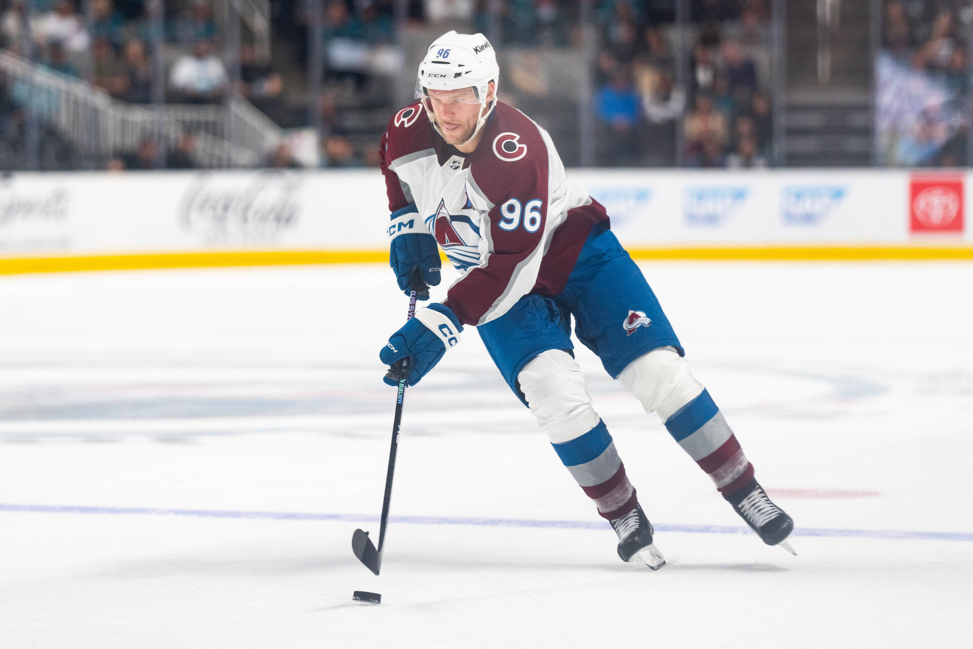 Oct 14, 2023; San Jose, California, USA; Colorado Avalanche right wing Mikko Rantanen (96) controls the puck during the shootout against the San Jose Sharks at SAP Center at San Jose.
