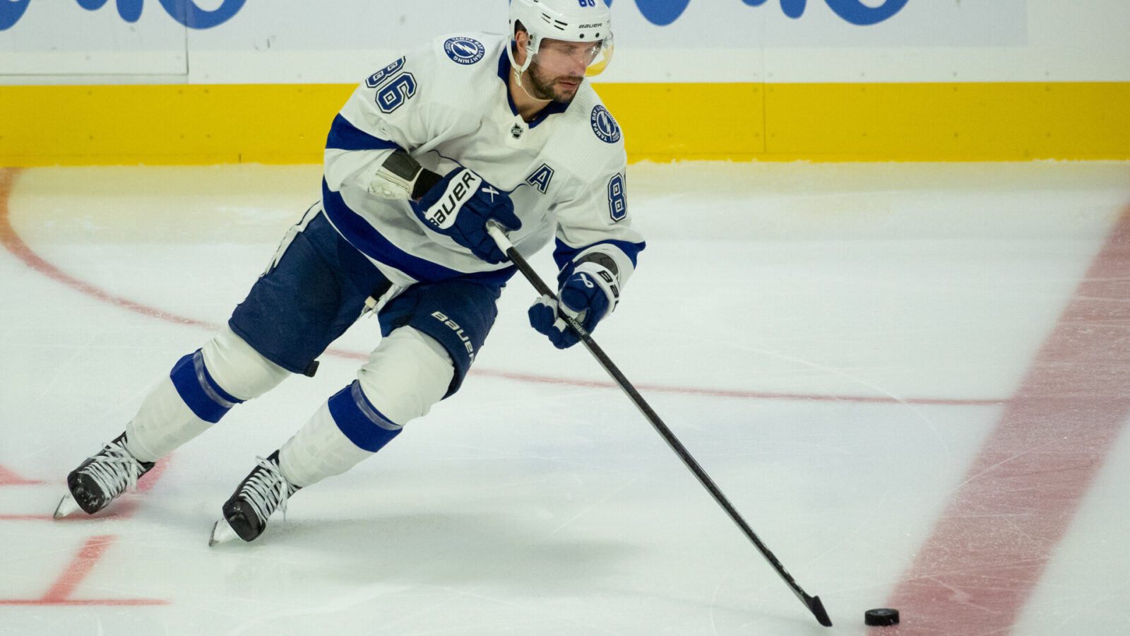 Oct 15, 2023; Ottawa, Ontario, CAN; Tampa Bay Lightning right wing Nikita Kucherov (86) skates with the puck in the third period against the Ottawa Senators at the Canadian Tire Centre