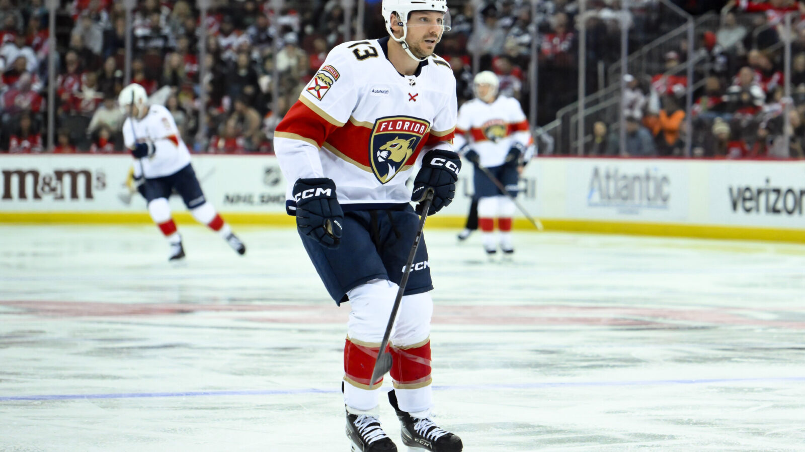 Oct 16, 2023; Newark, New Jersey, USA; Florida Panthers center Sam Reinhart (13) skates against the New Jersey Devils during the third period at Prudential Center.