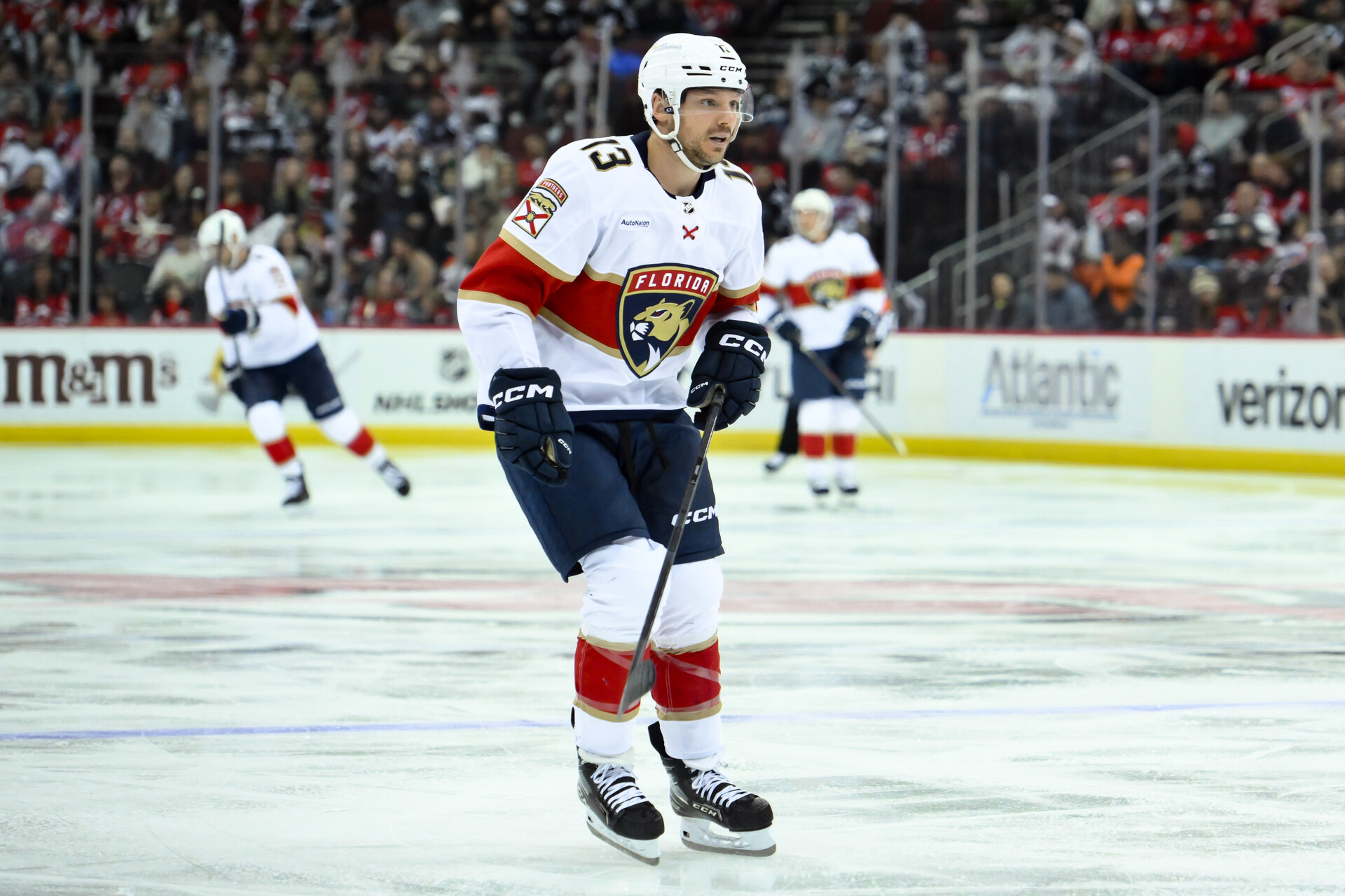 Oct 16, 2023; Newark, New Jersey, USA; Florida Panthers center Sam Reinhart (13) skates against the New Jersey Devils during the third period at Prudential Center.