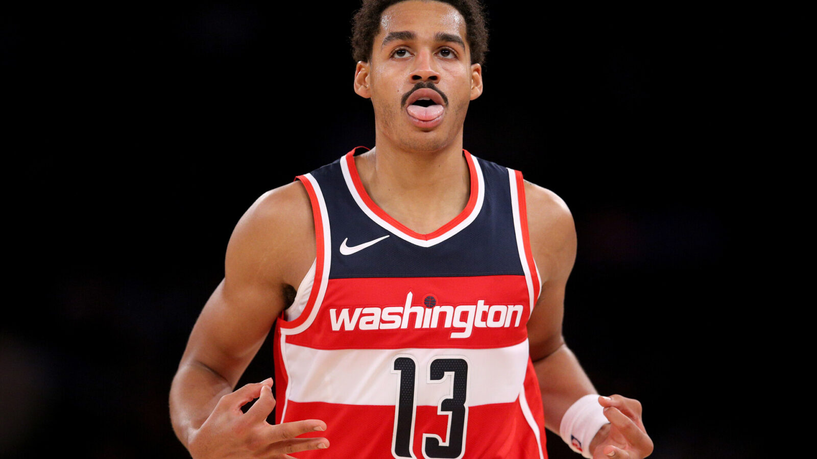 Washington Wizards guard Jordan Poole (13) reacts after making a three point shot against the New York Knicks during the second quarter at Madison Square Garden.