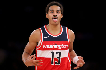 Washington Wizards guard Jordan Poole (13) reacts after making a three point shot against the New York Knicks during the second quarter at Madison Square Garden.