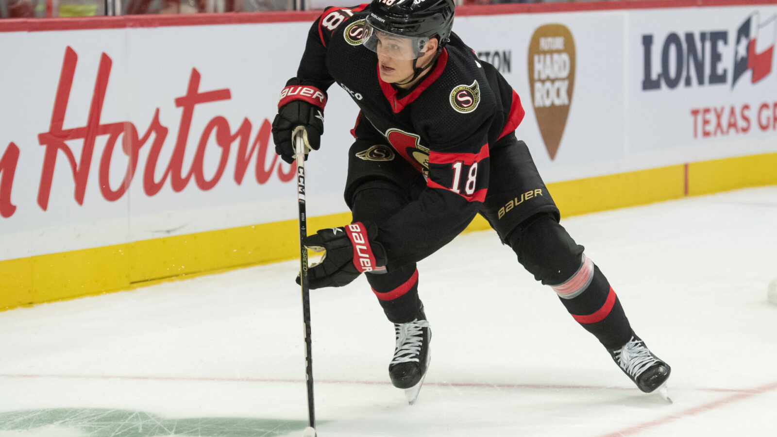 Oct 18, 2023; Ottawa, Ontario, CAN; Ottawa Senators center Tim Stutzle (18) skates in the first period against the Washington Capitals at the Canadian Tire Centre