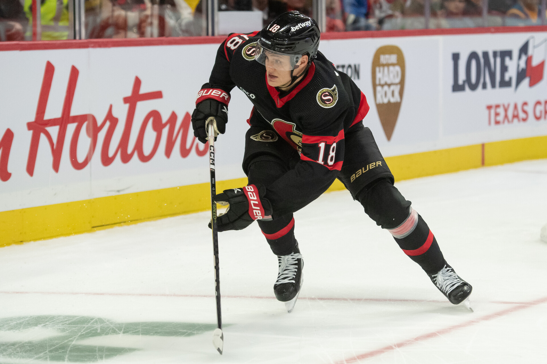 Oct 18, 2023; Ottawa, Ontario, CAN; Ottawa Senators center Tim Stutzle (18) skates in the first period against the Washington Capitals at the Canadian Tire Centre