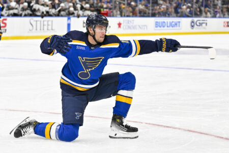 Oct 19, 2023; St. Louis, Missouri, USA; St. Louis Blues left wing Jakub Vrana (15) celebrates after scoring against the Arizona Coyotes during the second period at Enterprise Center.