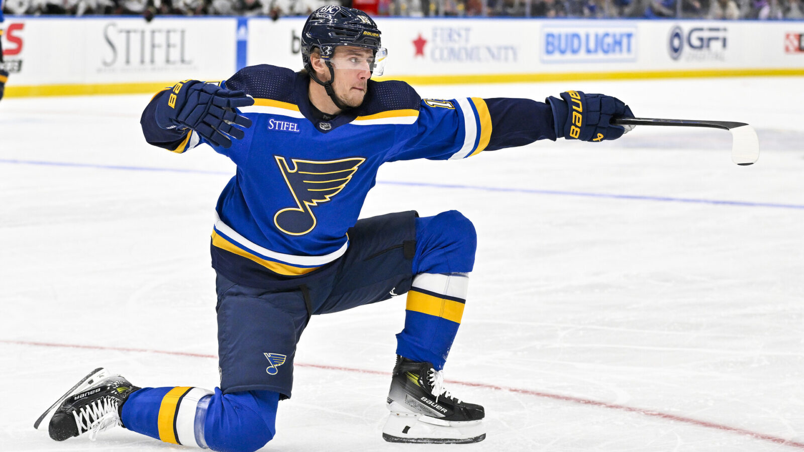 Oct 19, 2023; St. Louis, Missouri, USA; St. Louis Blues left wing Jakub Vrana (15) celebrates after scoring against the Arizona Coyotes during the second period at Enterprise Center.