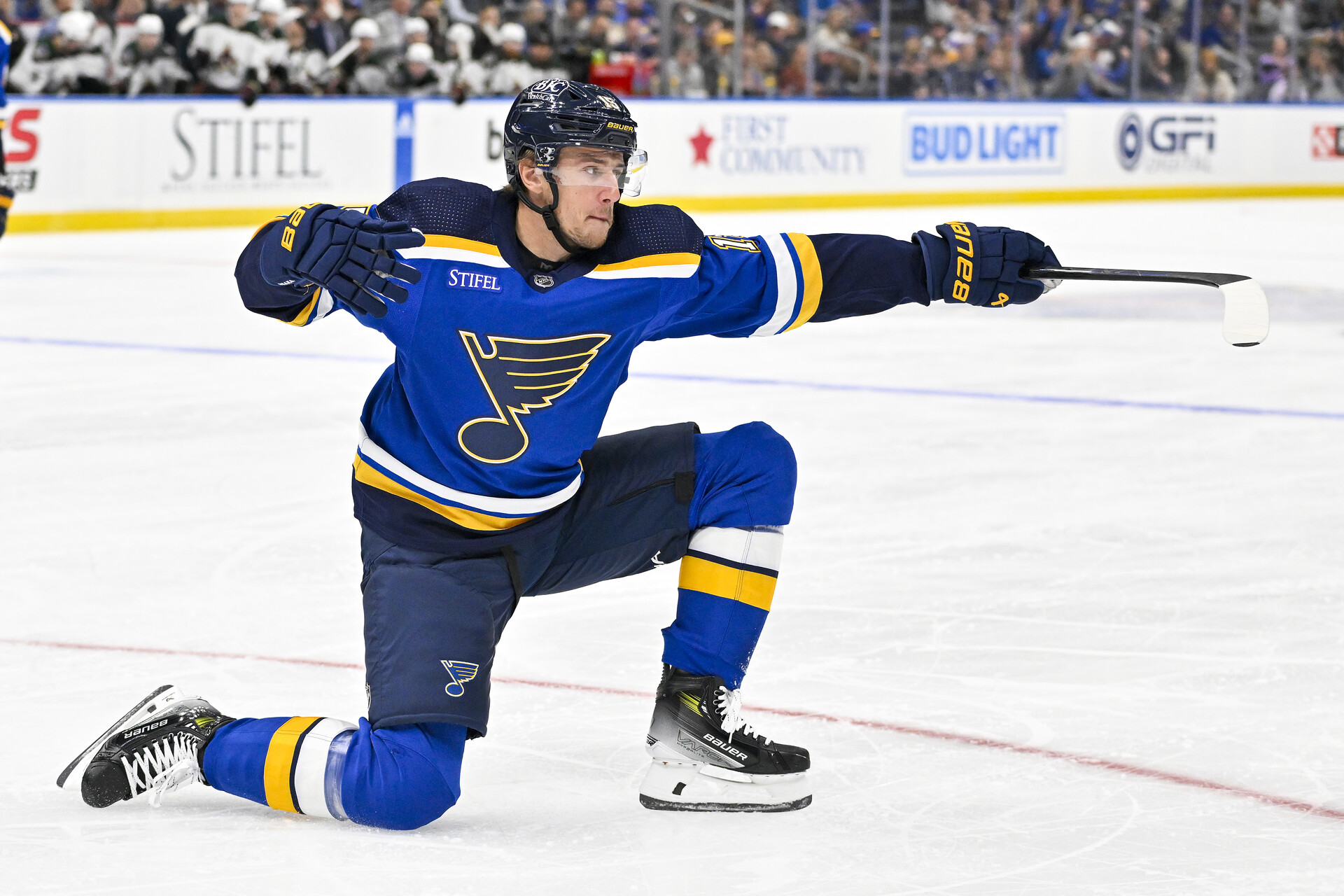 Oct 19, 2023; St. Louis, Missouri, USA; St. Louis Blues left wing Jakub Vrana (15) celebrates after scoring against the Arizona Coyotes during the second period at Enterprise Center.