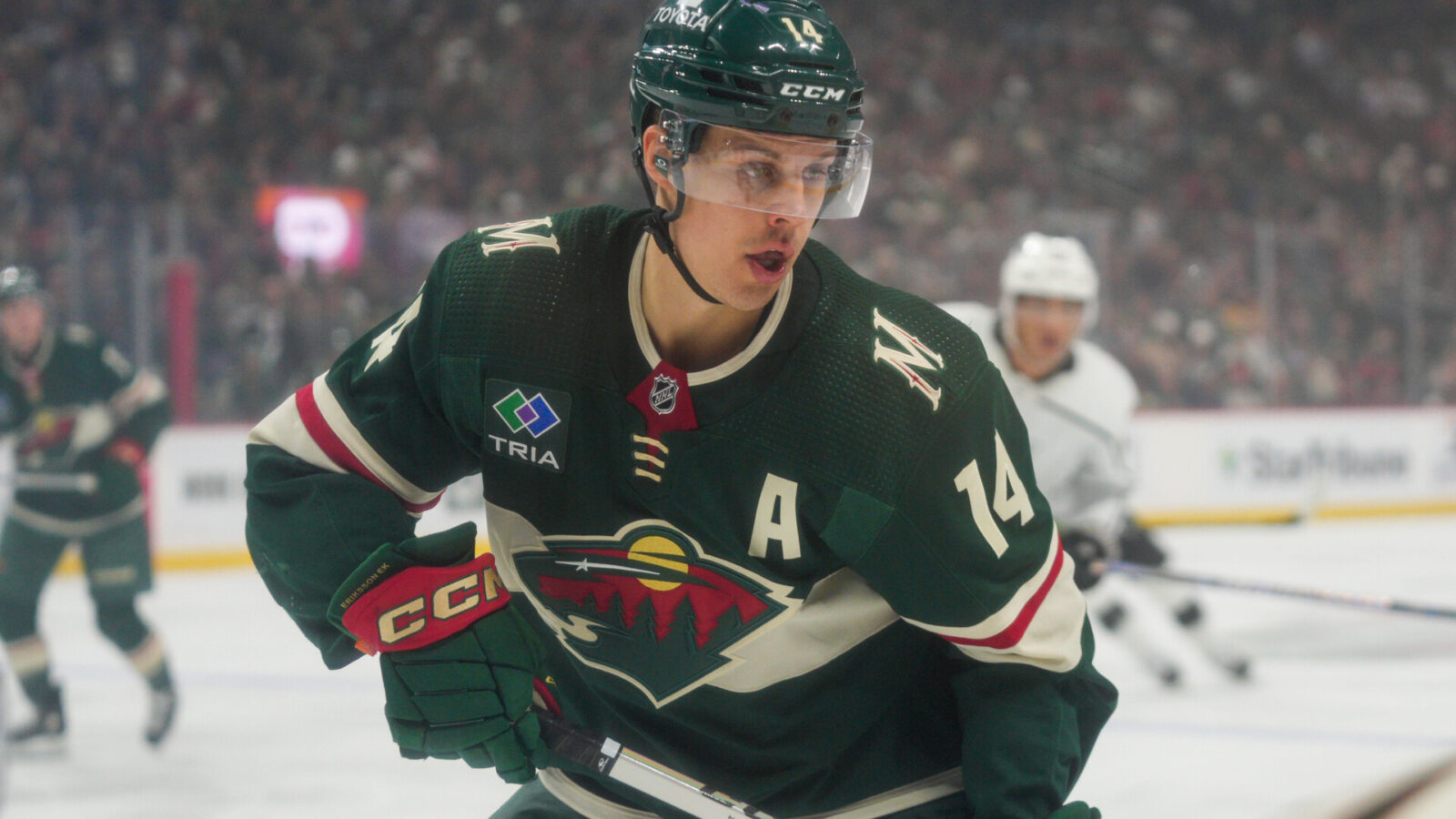 Minnesota Wild center Joel Eriksson Ek (14) in action against the Los Angeles Kings in the first period at Xcel Energy Center.