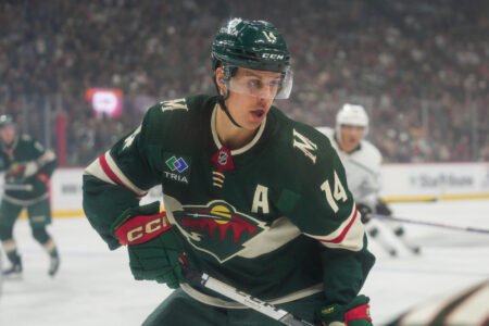 Minnesota Wild center Joel Eriksson Ek (14) in action against the Los Angeles Kings in the first period at Xcel Energy Center.