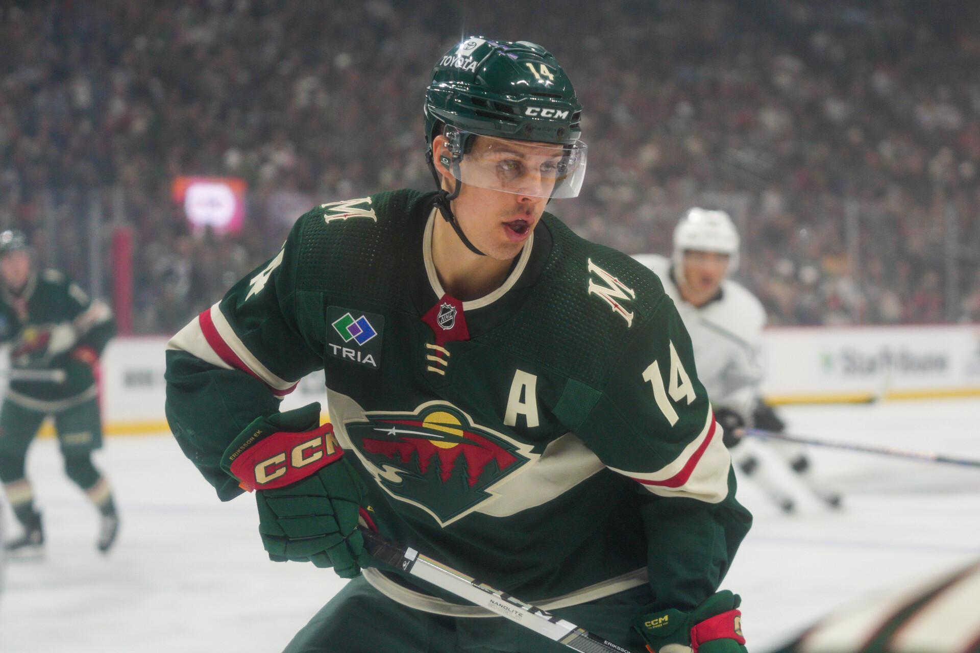 Minnesota Wild center Joel Eriksson Ek (14) in action against the Los Angeles Kings in the first period at Xcel Energy Center.