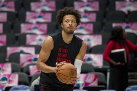 Oct 20, 2023; Dallas, Texas, USA; Detroit Pistons guard Cade Cunningham (2) warms up before the game between the Dallas Mavericks and the Detroit Pistons at the American Airlines Center.