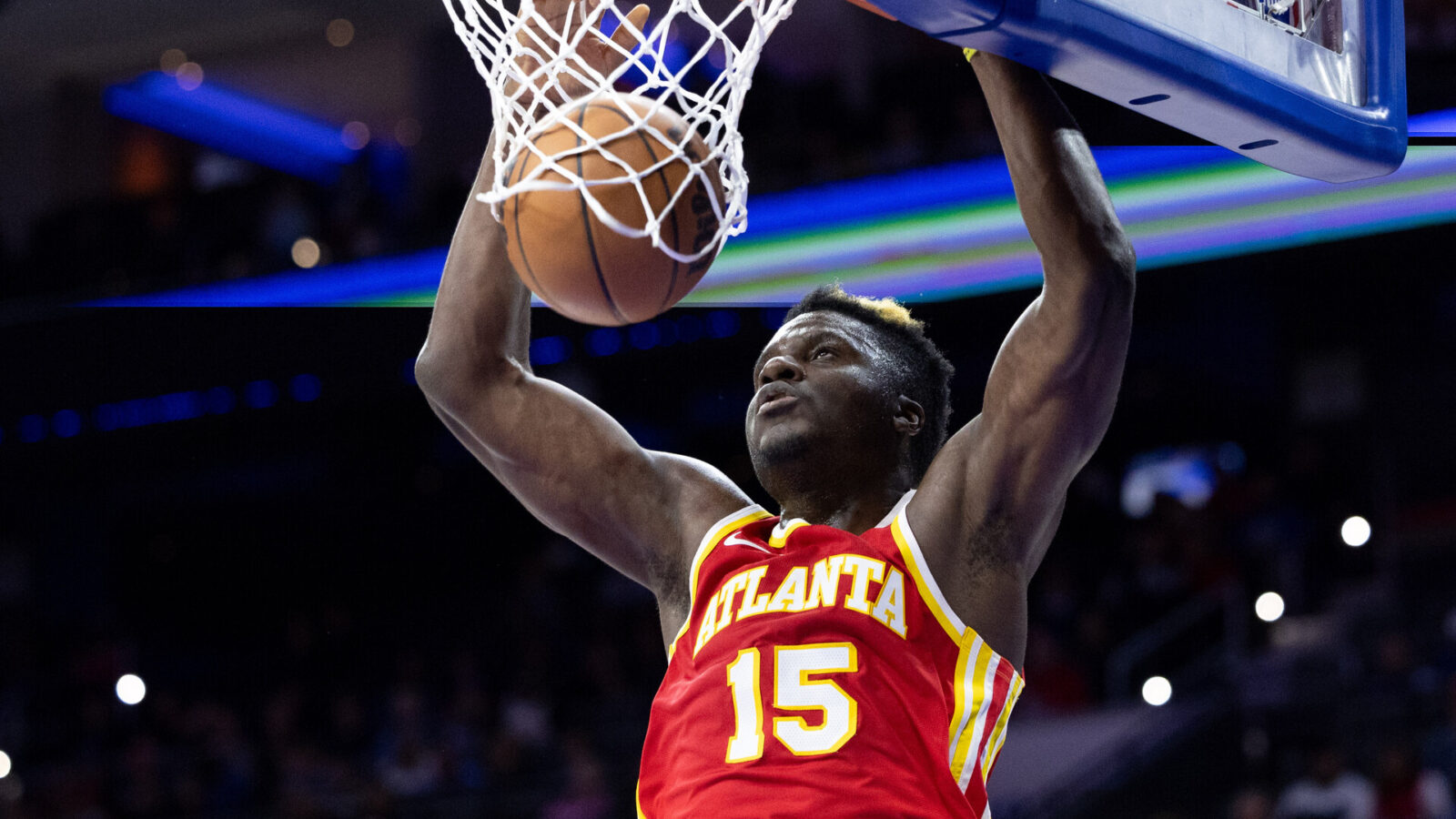 Atlanta Hawks center Clint Capela (15) dunks the ball against the Philadelphia 76ers during the second quarter at Wells Fargo Center.