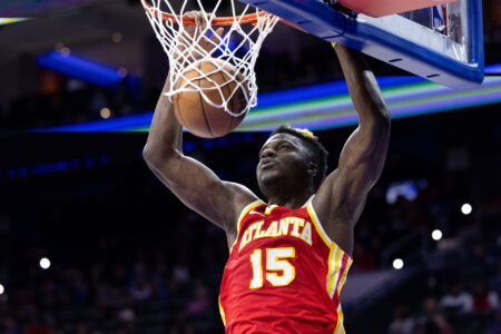 Atlanta Hawks center Clint Capela (15) dunks the ball against the Philadelphia 76ers during the second quarter at Wells Fargo Center.