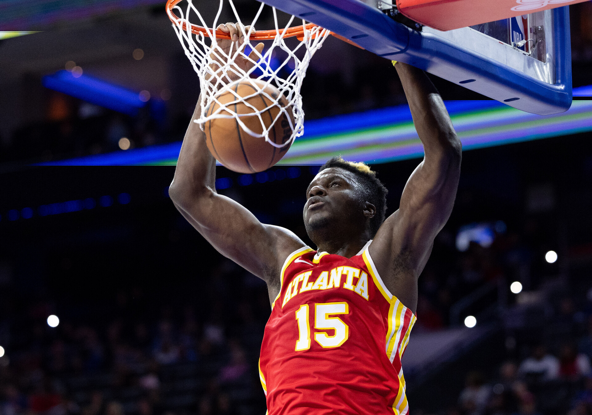 Atlanta Hawks center Clint Capela (15) dunks the ball against the Philadelphia 76ers during the second quarter at Wells Fargo Center.